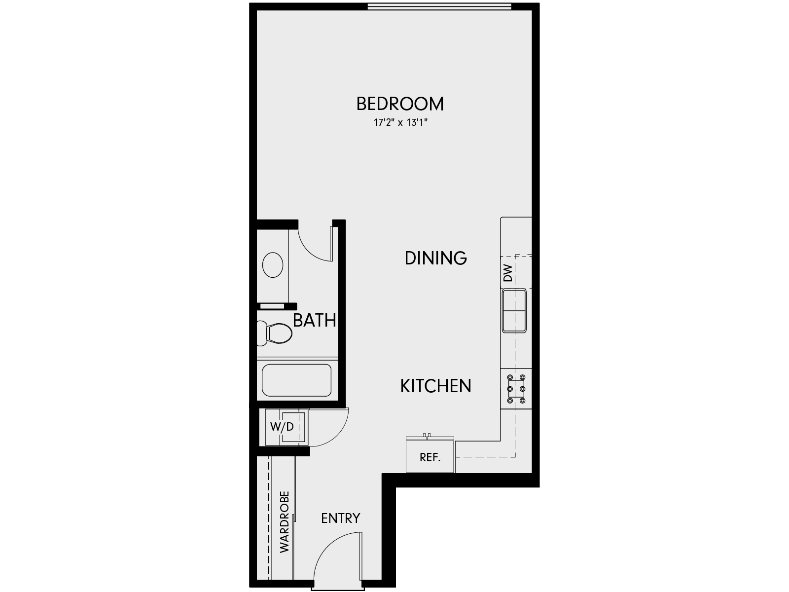 Floor plan for studio, 1 bath, 708 sqft